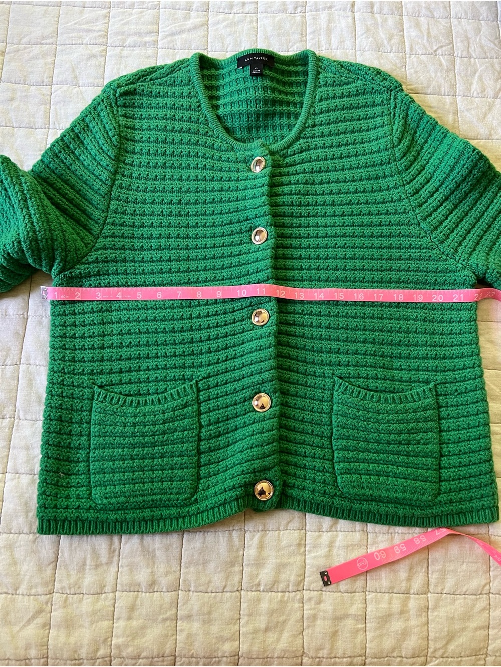 Ann Taylor Emerald Green Textured Knit Cardigan with Gold Buttons - Picture 5 of 7